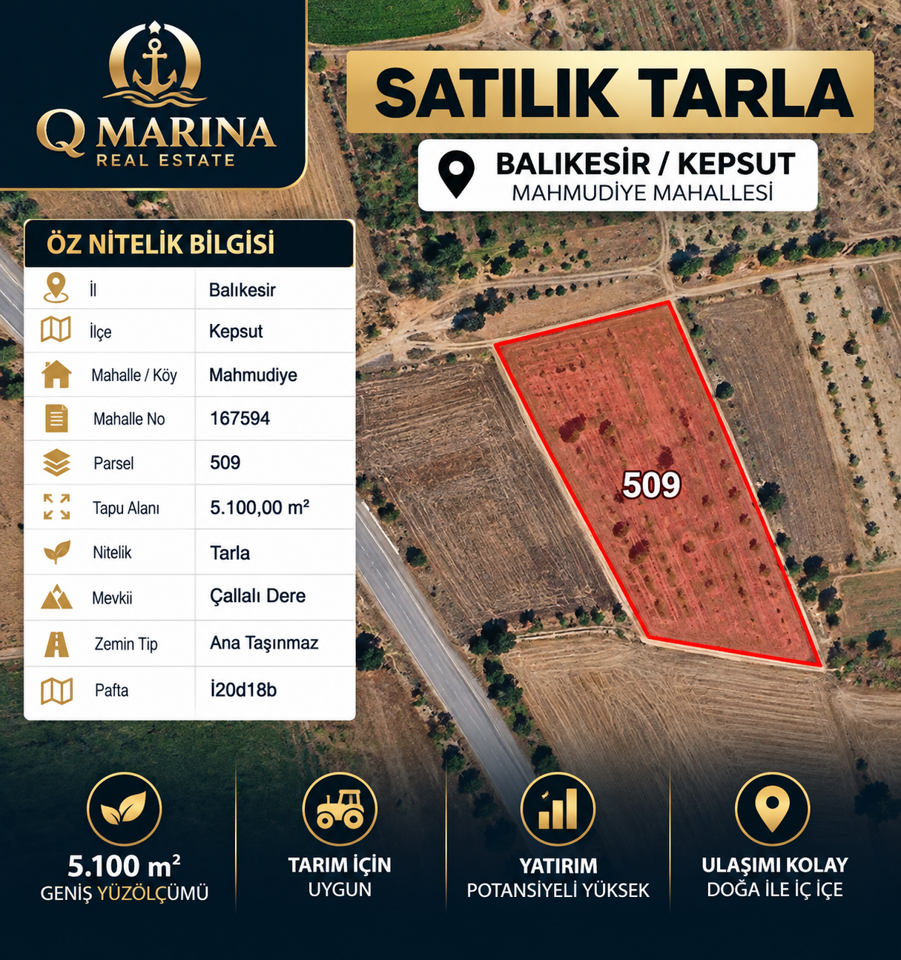 KEPSUT MAHMUDİYE’DE 5\.100 m² \| SATILIK TARLA