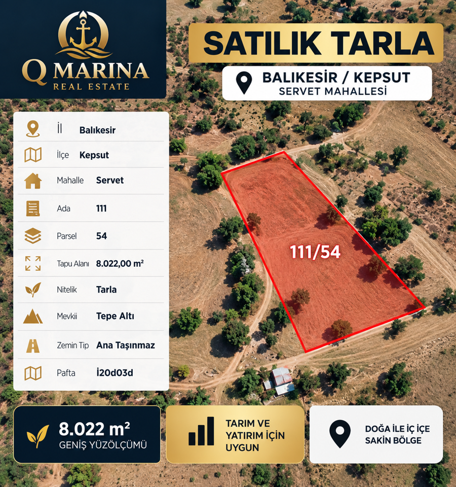 KEPSUT SERVET’TE 8.022 m² | SATILIK TARLA