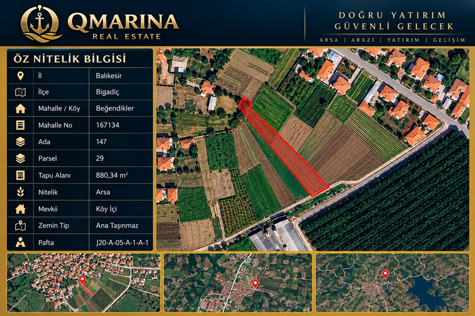 BİGADİÇ BEĞENDİKLER’DE KÖY İÇİ | 880 m² SATILIK ARSA